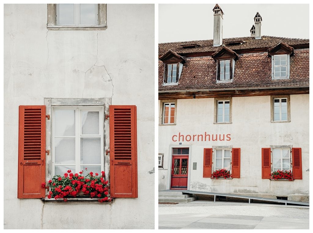 red shutter and flower boxes at the Kulturhof Schloss Köniz in bern Switzerland 