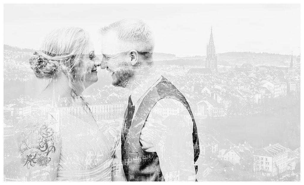 black and white double exposure of bride and groom and the bern city skyline in Switzerland