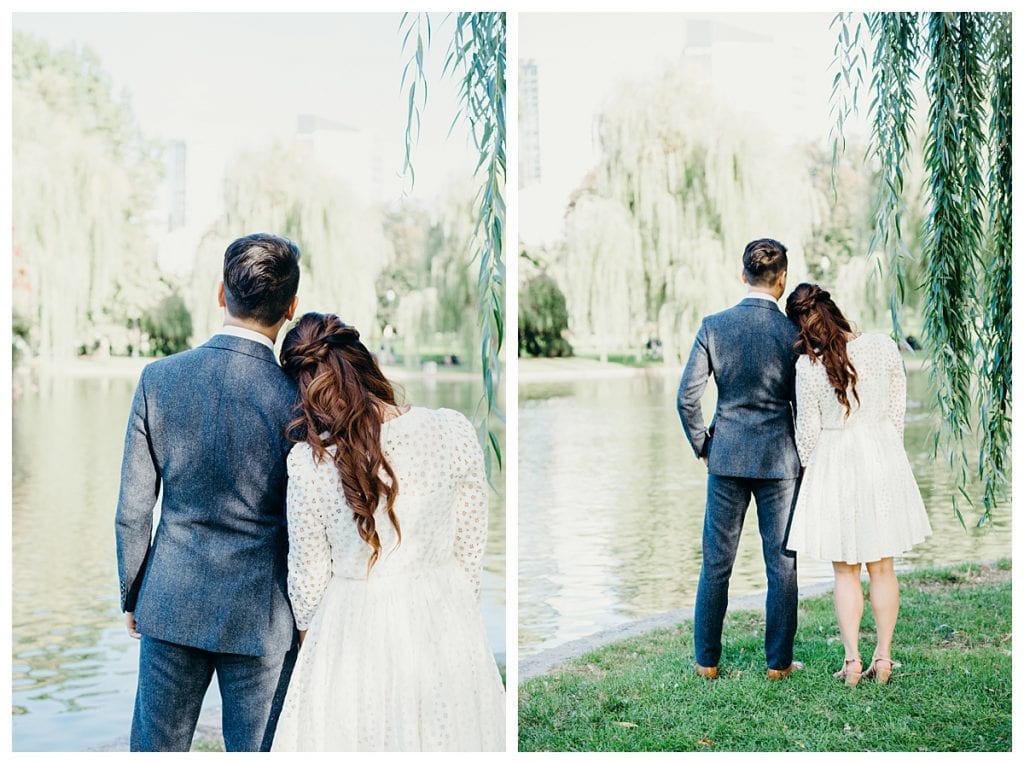 two photos side by side of engaged couple with their backs to the camera holding hands during their Boston Public Garden engagement session