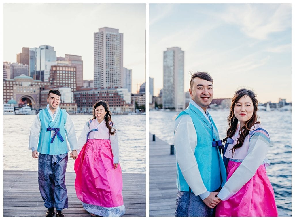 two photos side by side of engaged couple smiling at the camera during their boston seaport engagement session wearing brightly colored hanboks 