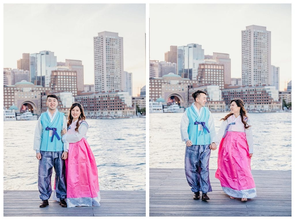 two photos side by side of engaged couple smiling at the camera during their boston seaport engagement session wearing brightly colored hanboks 