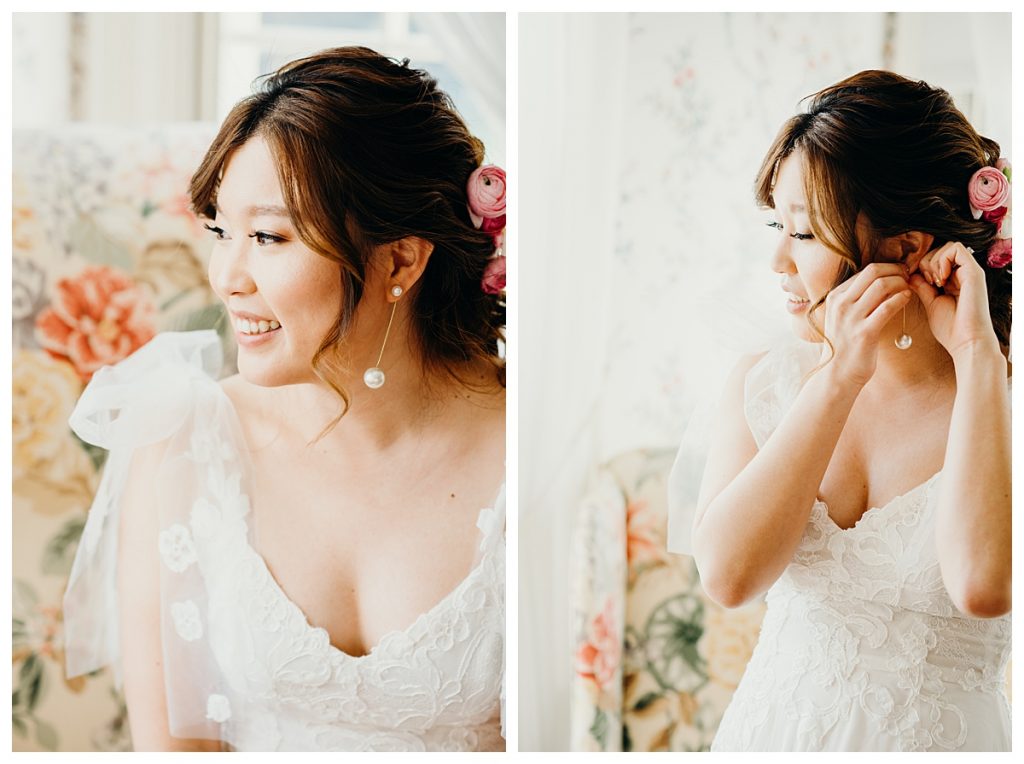 two photos side by side of a bride putting on earrings at the Lyman Estate in Waltham Massachusetts