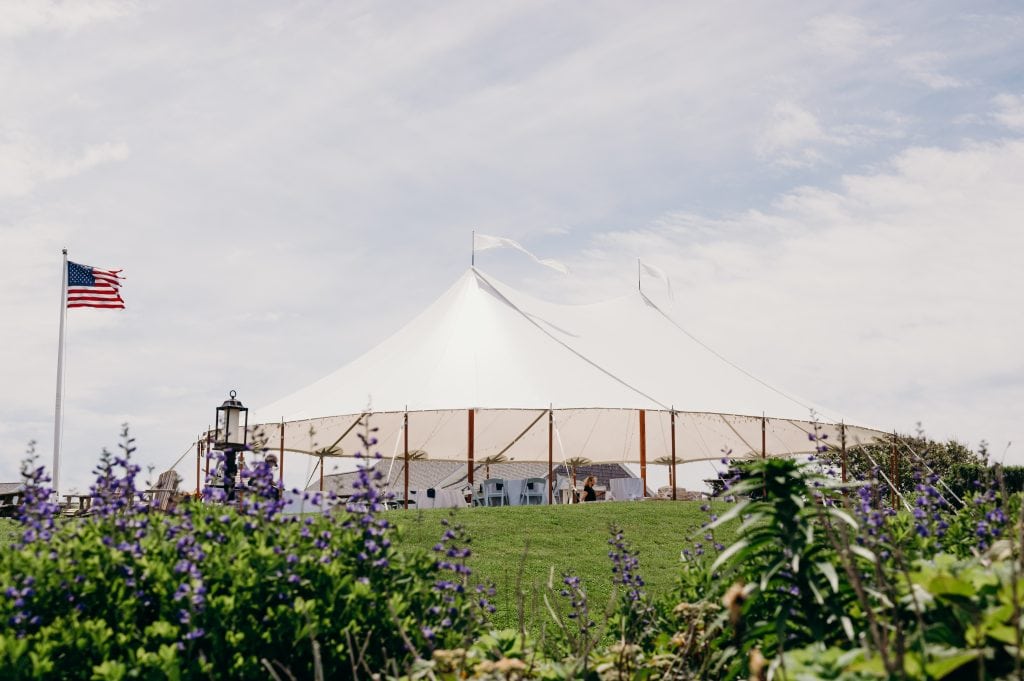 wedding tent photo framed by purple flowers in the front during a nausea beach inn cape cod wedding