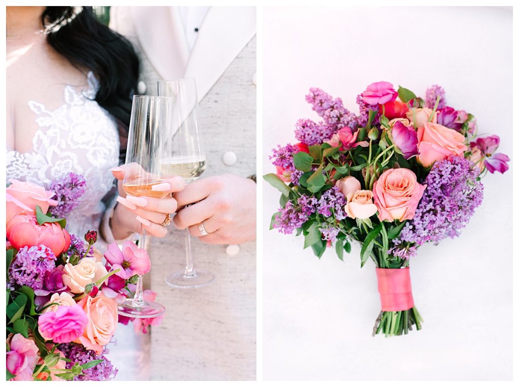 two side by side photos of a bride's bouquet and a close up of a bride and groom holding champagne glasses during their Boston city hall wedding captured by Boston elopement photographer Meghan Lynch