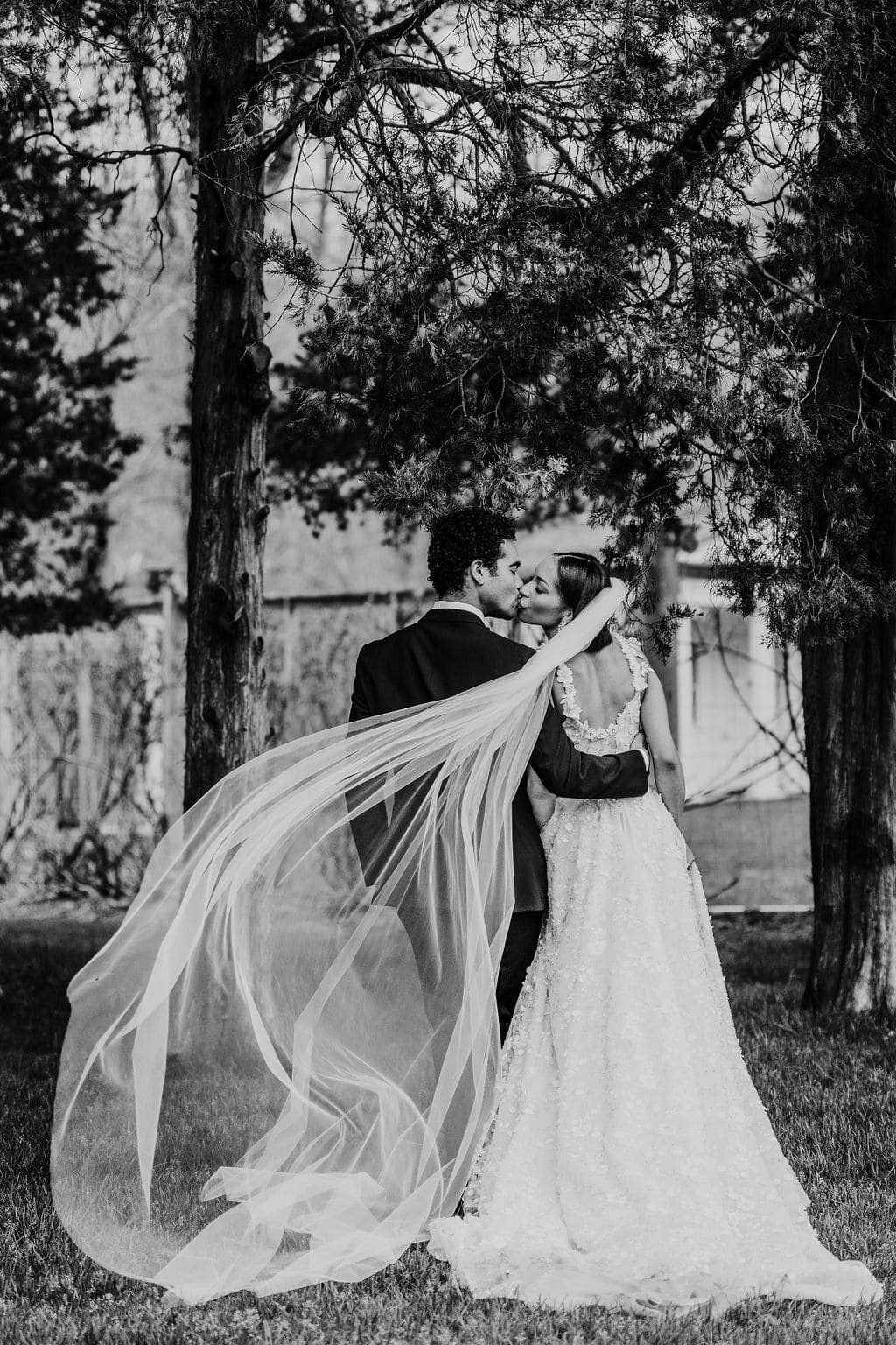 black and white photo from behind of the bride and groom kissing with the veil blowing in the wind during their wadsworth manion wedding