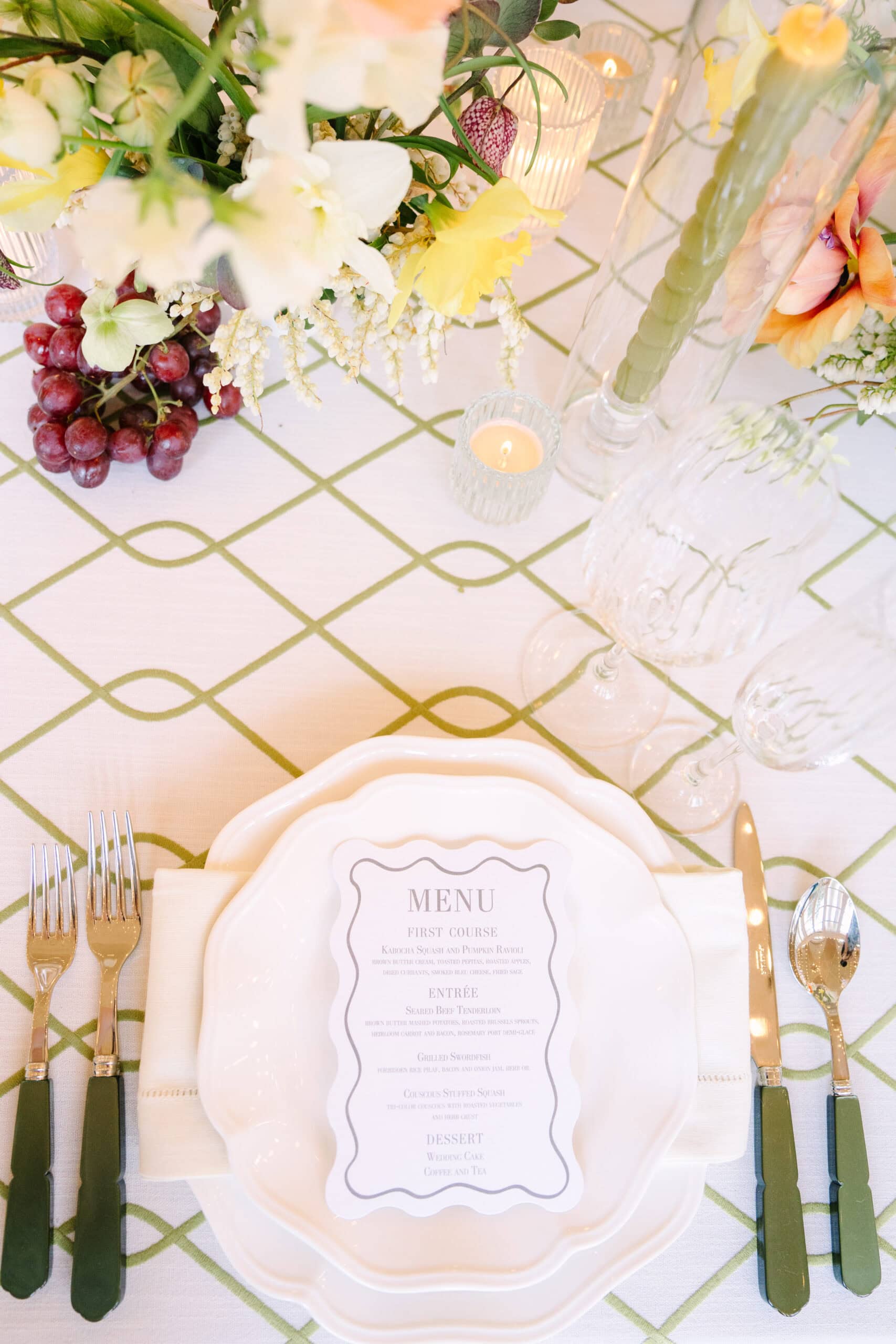 close up of a reception table place setting at the wadsworth mansion in middletown connecticut