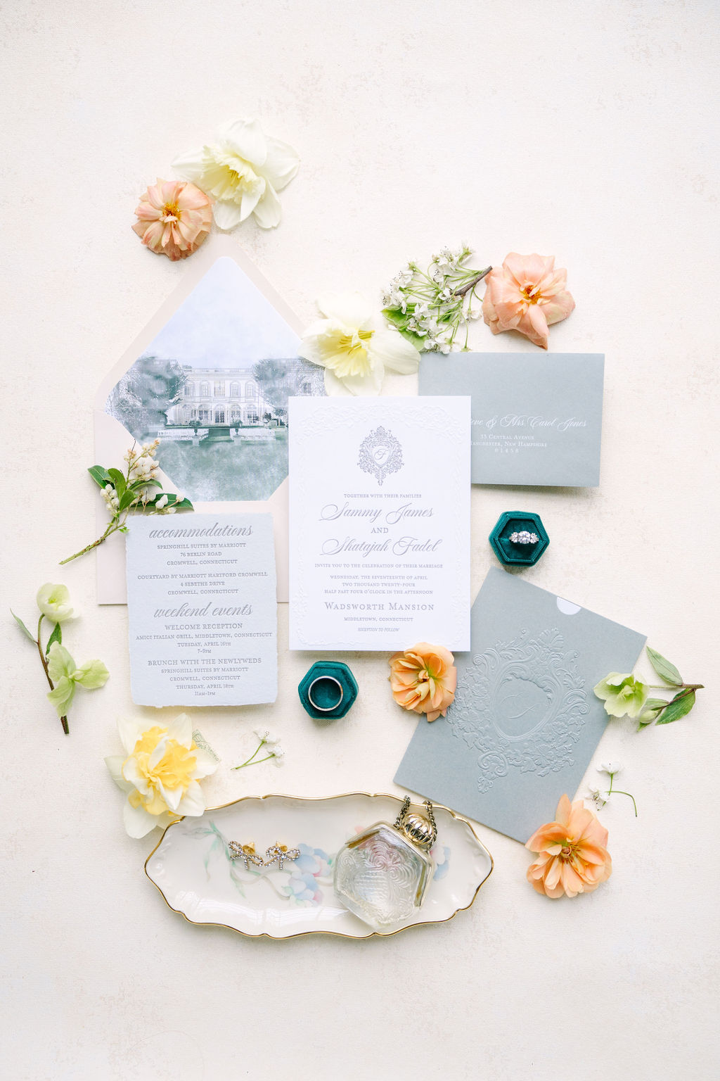 flat lay photo of the invitation suite during a wadsworth mansion wedding in middletown ct