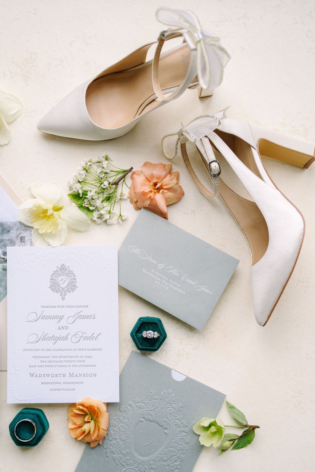 flat lay photos of shoes, stationary, and ring during a wadsworth mansion wedding