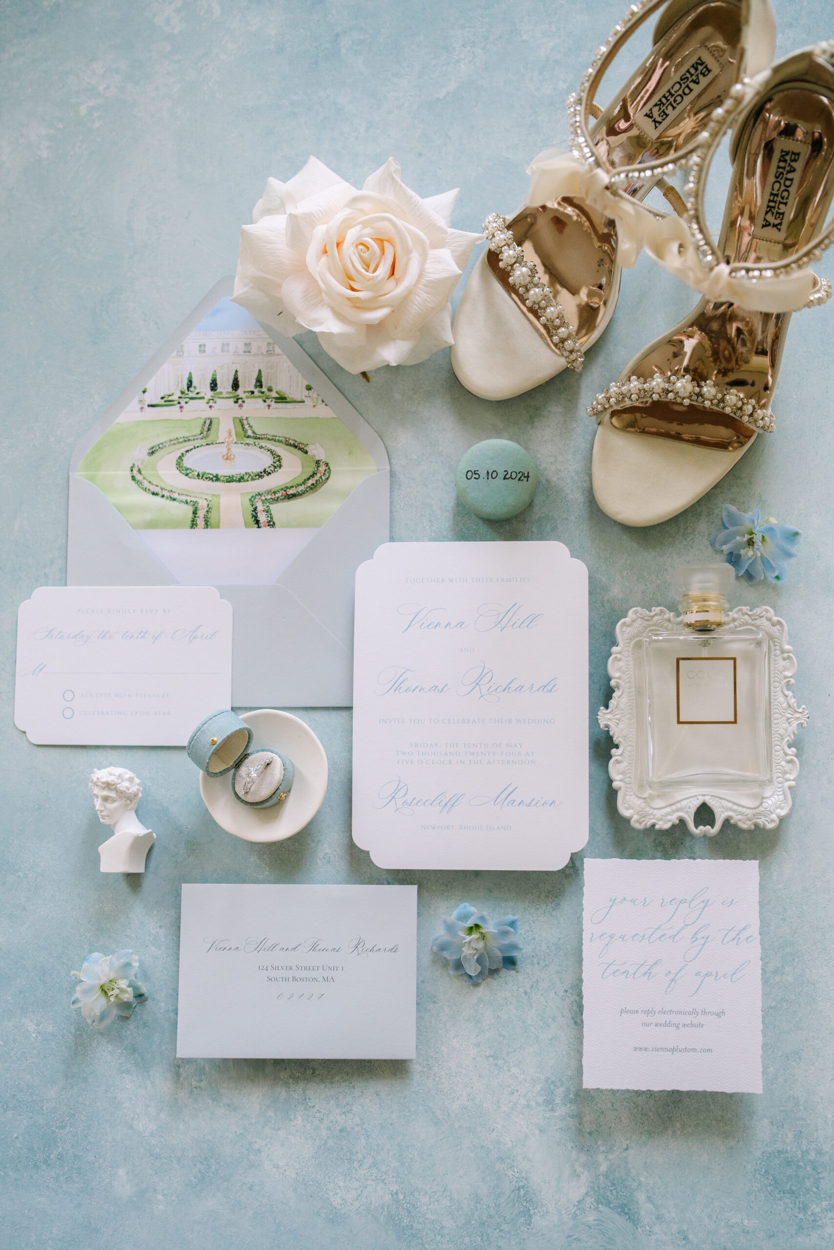 wedding flat lay from a glen manor house wedding in rhode island