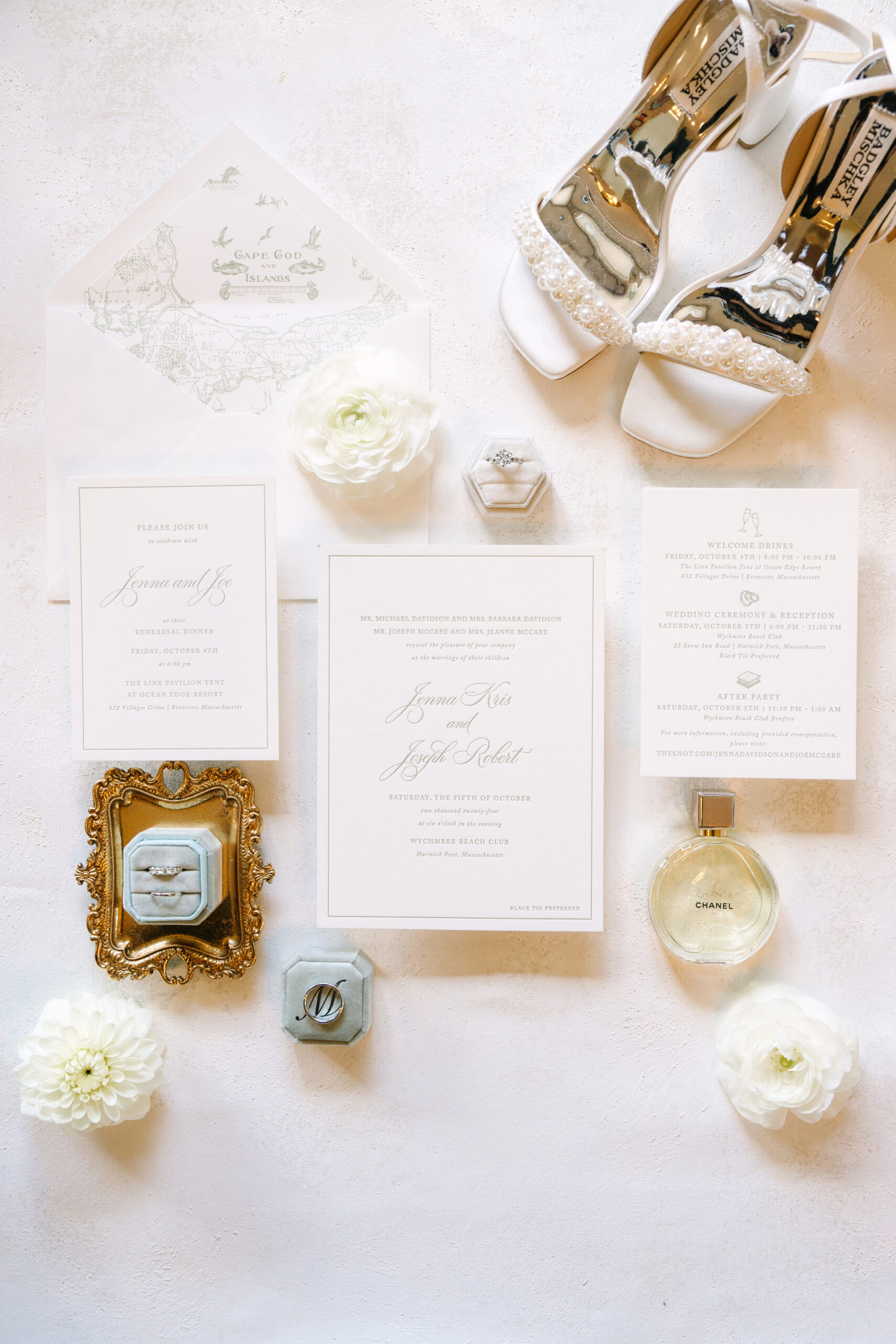 wedding flat lay photo from a wychmere dune wedding captured by cape cod wedding photographer Meghan Lynch