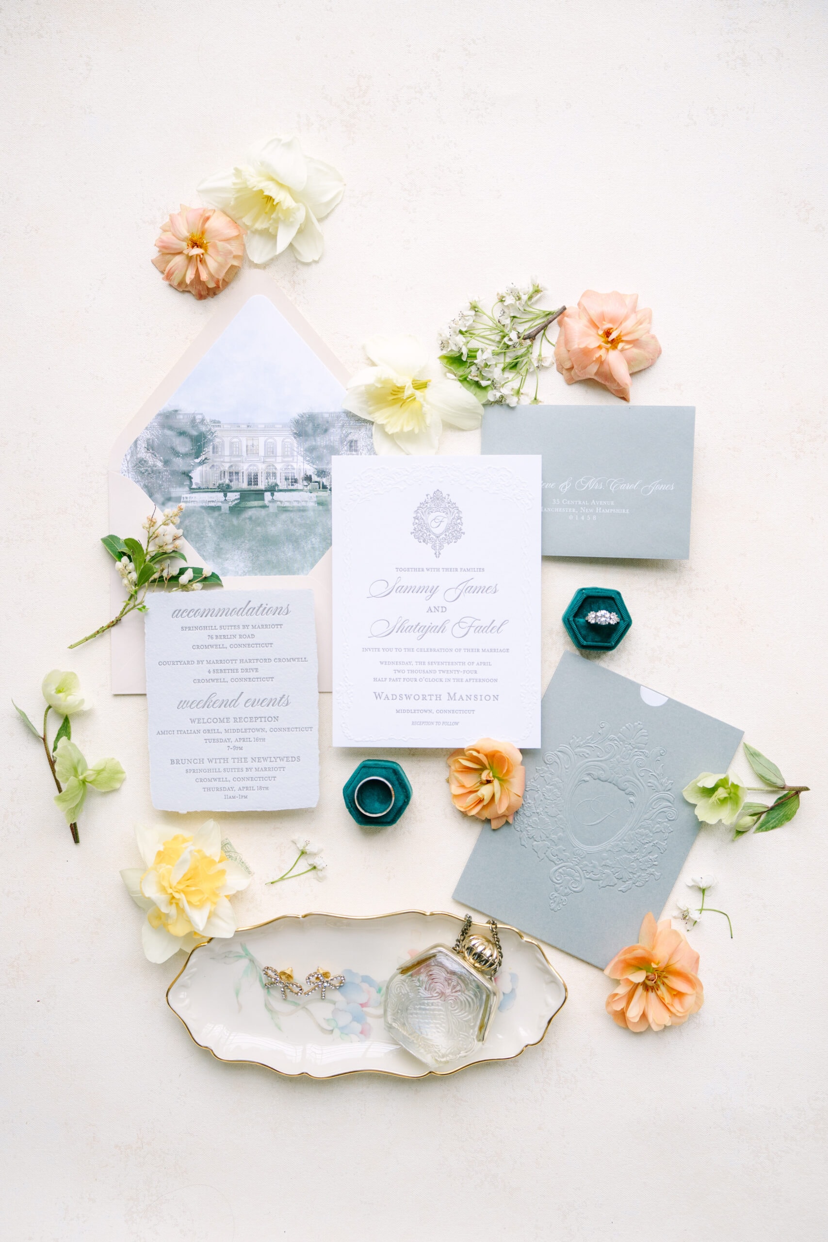 wedding flat lay of a wadsworth mansion wedding in connecticut